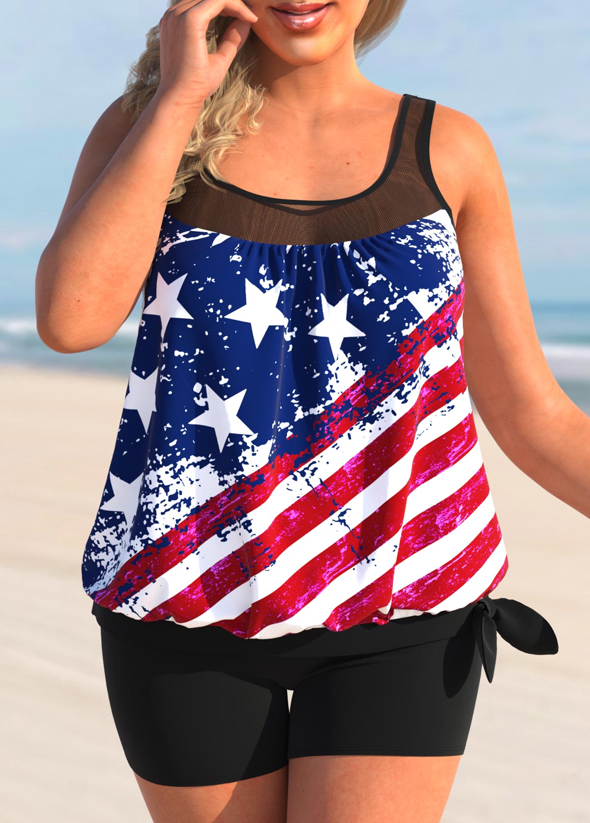American Flag Print Plus Size Blouson Tankini Top