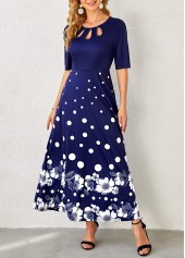 Polka Dot Floral Print Navy Blue Dress