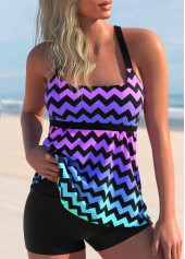 Rainbow Color Wide Strap Chevron Print Tankini Set