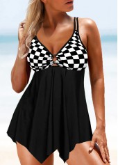 Asymmetry Plaid Black Tankini Set