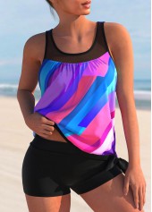 Geometric Print Mesh Stitching Rainbow Color Tankini Set