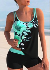 Sunflower Print Cyan Double Straps Tankini Set