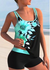 Sunflower Print Cyan Double Straps Tankini Set | thumb picture 