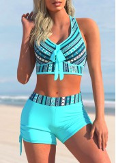 Tribal Print Striped Cyan Mid Waist Bikini Set