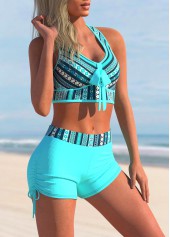 Tribal Print Striped Cyan Mid Waist Bikini Set | thumb picture 