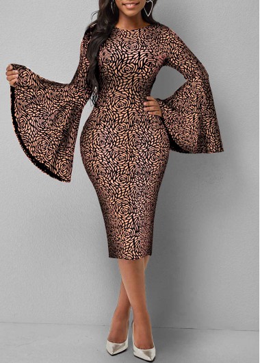 Modlily Glitter Fabric Flare Sleeve Gold Brown Dress - S