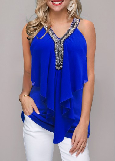 Modlily Embellished Neck Flounce Royal Blue Sleeveless T Shirt - XXL