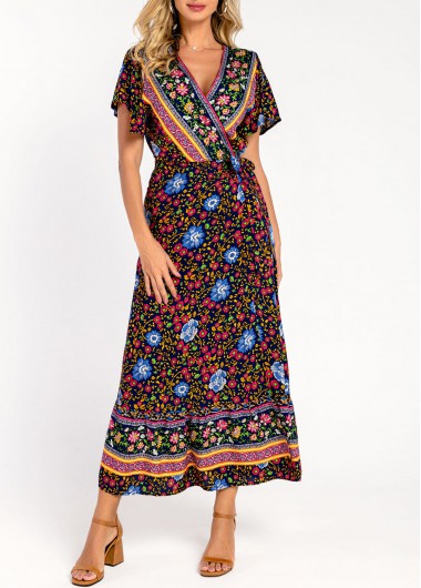 Modlily Floral Tribal Print V Neck Short Sleeve Wrap Dress - M