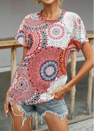 Modlily Tribal Print Round Neck Pink Short Sleeve T Shirt - S