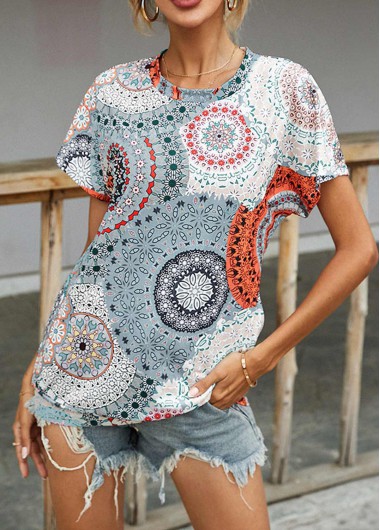 Modlily Tribal Print Round Neck Grey Short Sleeve T Shirt - S