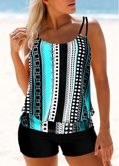 Modlily Cyan Chain Print Striped Tankini Swimsuit Polka Dot Double Straps Tankini Set - XL