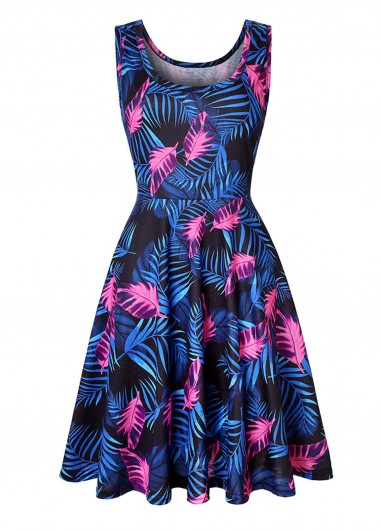 Modlily Leaf Print Sleeveless Round Neck Blue Dress - L