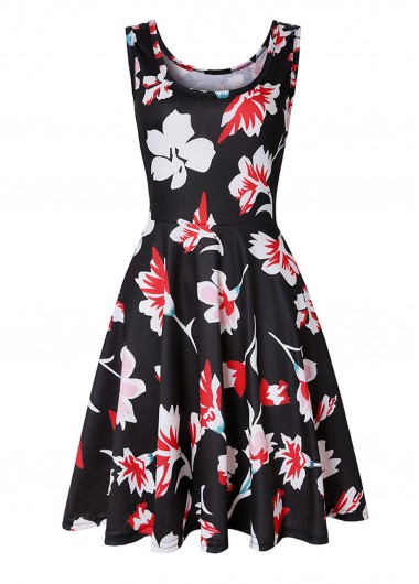 Modlily Floral Print Sleeveless Black Round Neck Dress - L