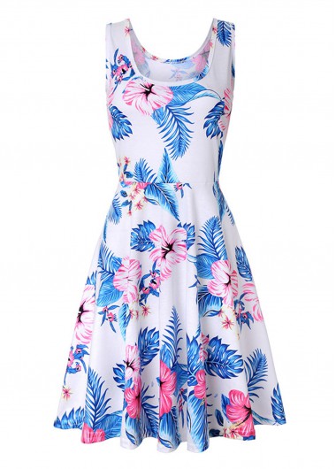 Modlily Floral and Leaf Print White Sleeveless Dress - L