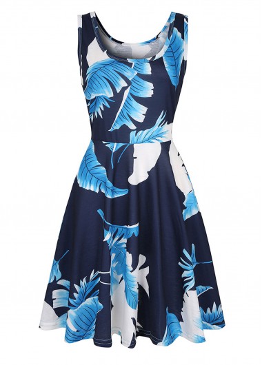 Modlily Leaf Print Navy Blue Sleeveless Dress - S