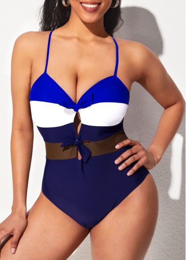 Modlily Tie Front Contrast Navy Blue One Piece Swimwear - S