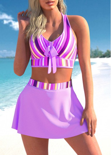 Modlily Light Purple High Waisted Striped Bikini Set - XL