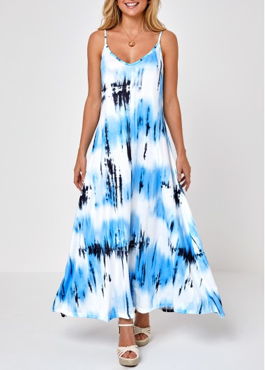 Modlily Light Blue Spaghetti Strap Tie Dye Print Dress - M