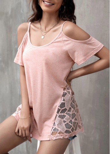 Modlily Lace Patchwork Cold Shoulder Light Pink T Shirt - M