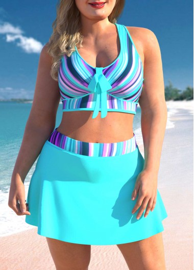 Modlily Plus Size Cyan Striped Ombre Cross Strap Bikini Set - 3X