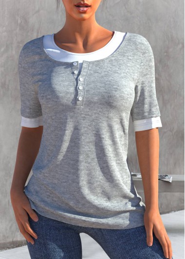 Modlily Light Grey Contrast Faux Two Piece T Shirt - M