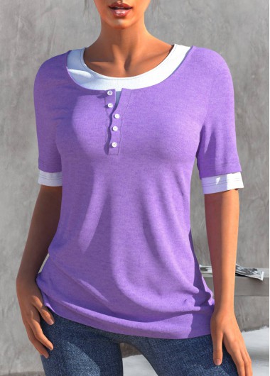 Modlily Light Purple Faux Two Piece Contrast T Shirt - M