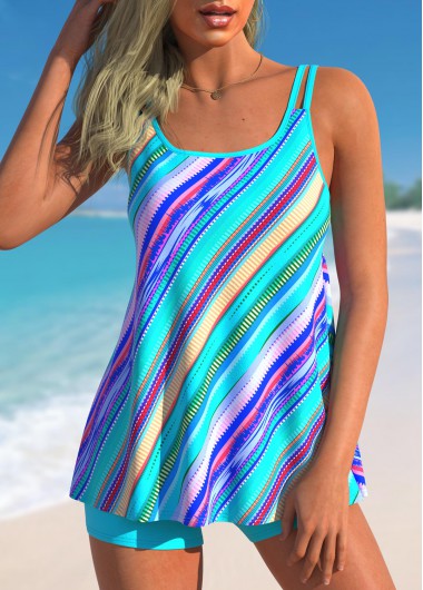 Modlily Cyan Stripe Print Tankini Swimsuit With Short Multi Color Double Spaghetti Straps Women Tankini Set - XXL