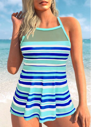 Modlily Cross Strap Sky Blue Striped Swimdress and Panty - L