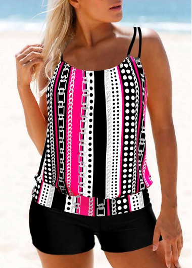 Modlily Rose Pink Polka Dot Double Straps Tankini Top - XL