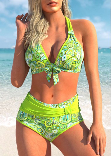 Modlily Paisley Print Green Halter Bikini Set - L