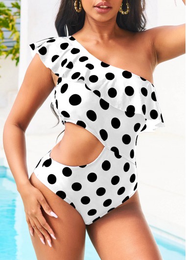 Modlily Flounce Polka Dot Cutout Asymmetric White One Piece Swimwear - L