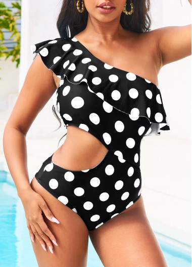 Modlily Flounce Polka Dot Cutout Black Asymmetric One Piece Swimwear - S