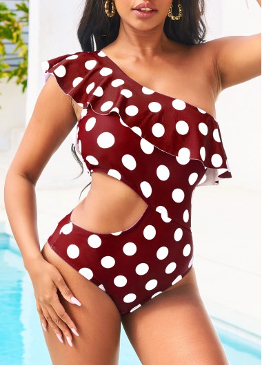 Modlily Flounce Polka Dot Cutout Deep Red One Piece Swimwear - M
