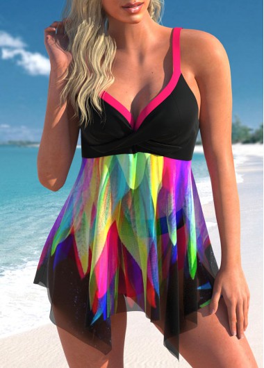 Modlily Colorful Floral Print Asymmetric Hem Swimdress Top - S