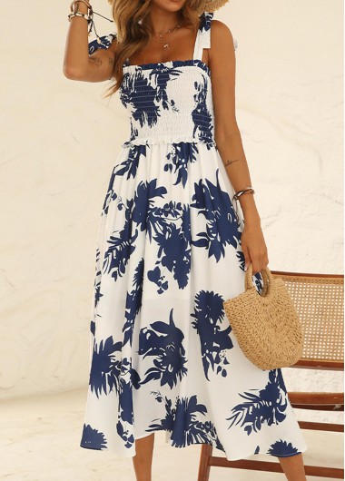 Modlily Smocked Plant Print Blue Sleeveless Dress - L