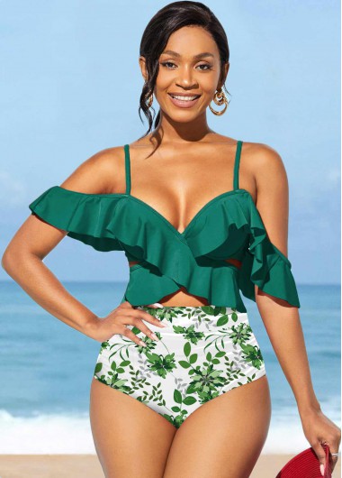 Modlily Leaf Print Green Flounce High Waisted Bikini Set - L