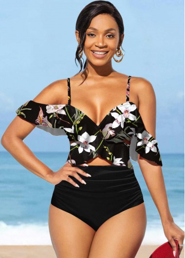Modlily Floral Print Flounce High Waisted Black Bikini Set - L