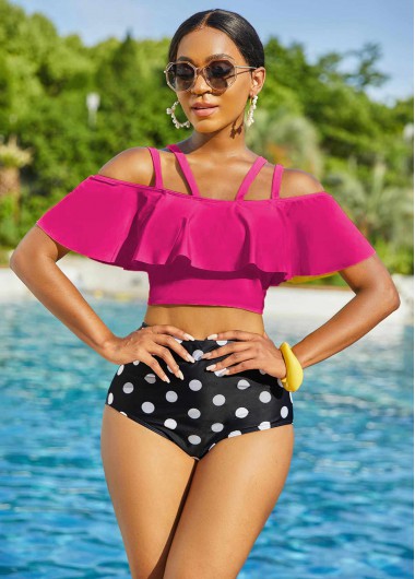 Modlily Flounce Polka Dot Rose Red High Waisted Bikini Set - L