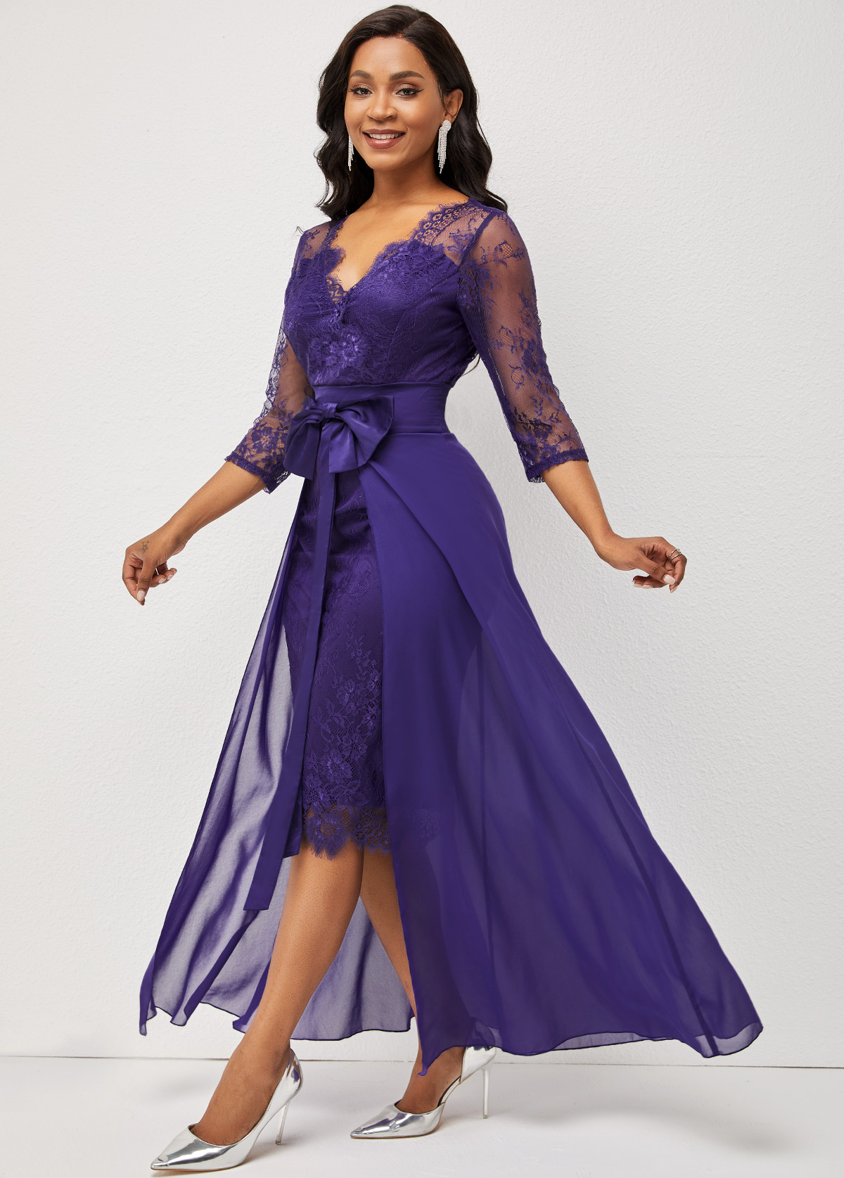 Lace Patchwork Purple 3/4 Sleeve Multiway Dress