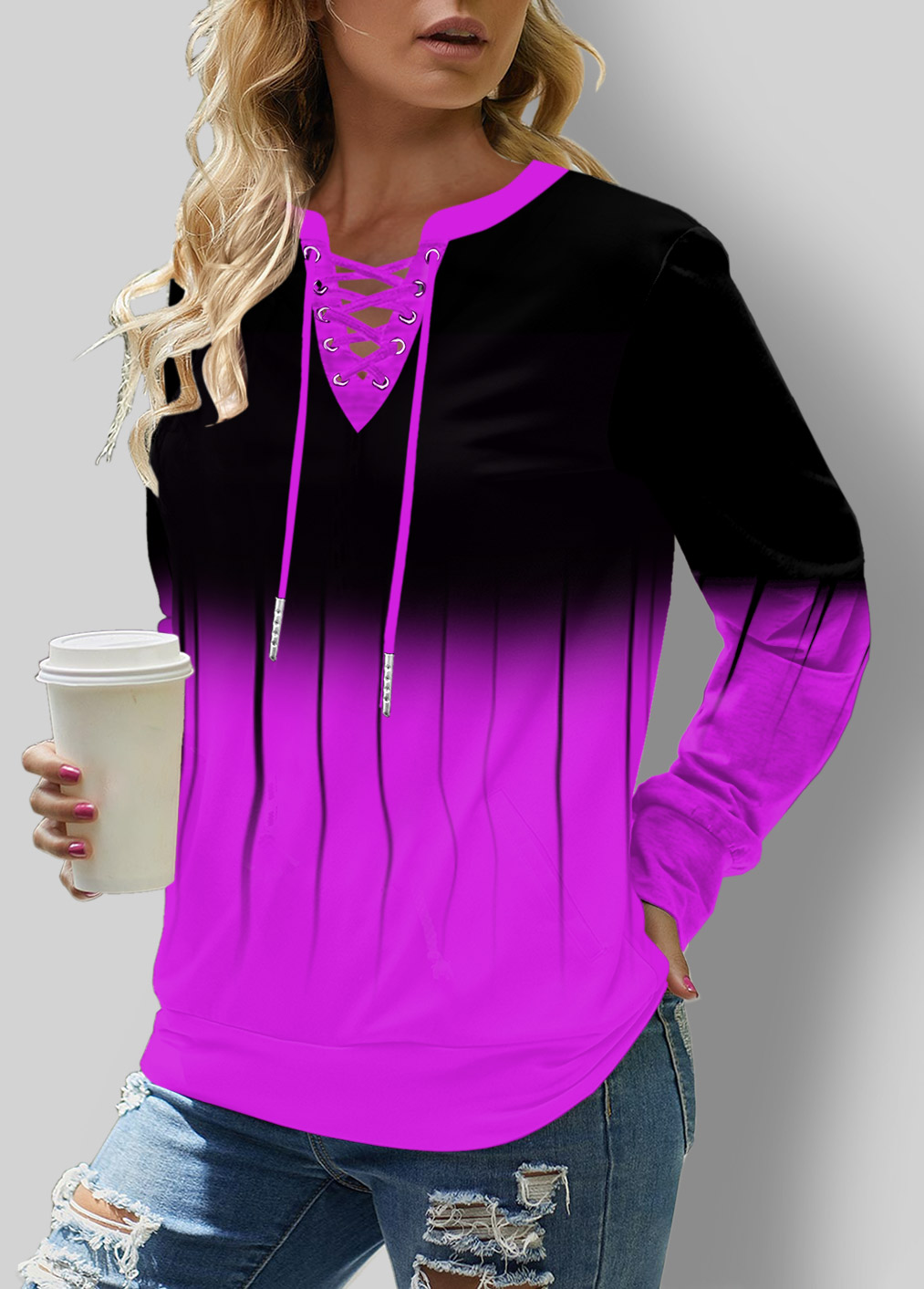 Ombre Lace Up Long Sleeve Sweatshirt