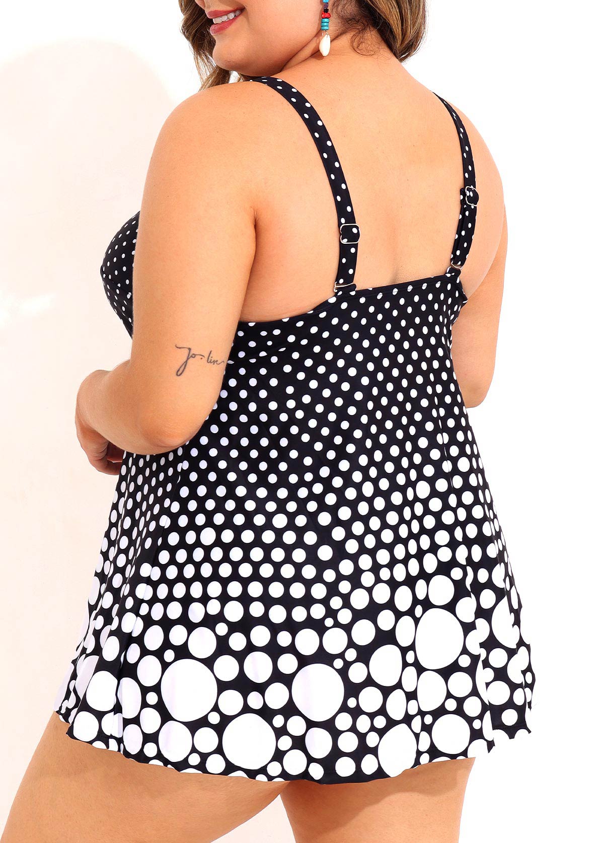 Polka Dot Cross Front Plus Size Black Swimdress Set