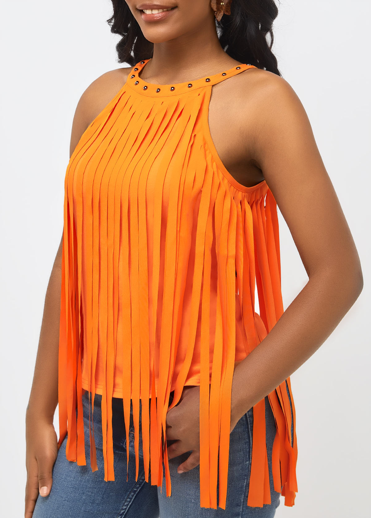 Tassel Sleeveless Orange Bib Neck T Shirt