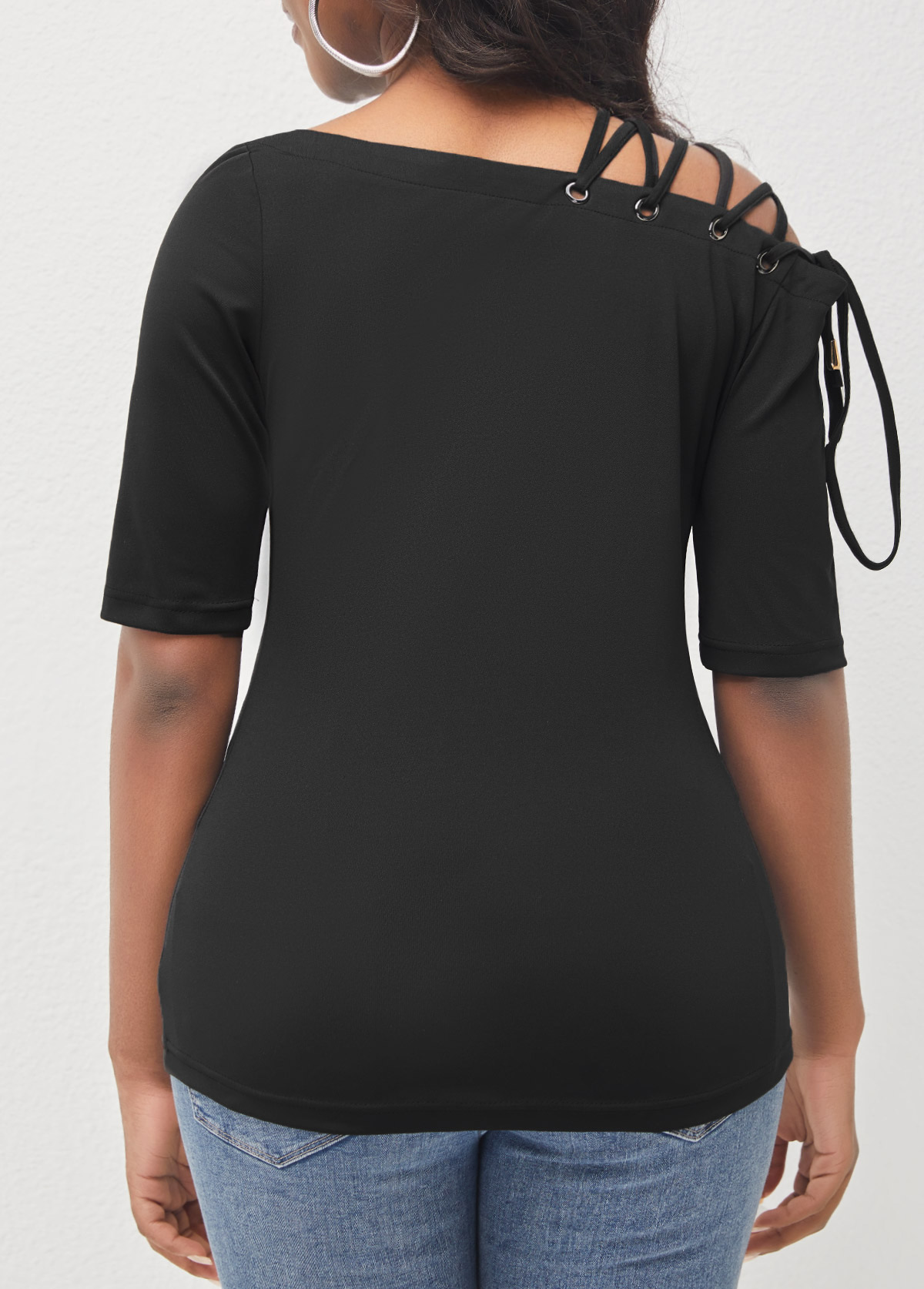 Black Skew Neck Lace Up T Shirt