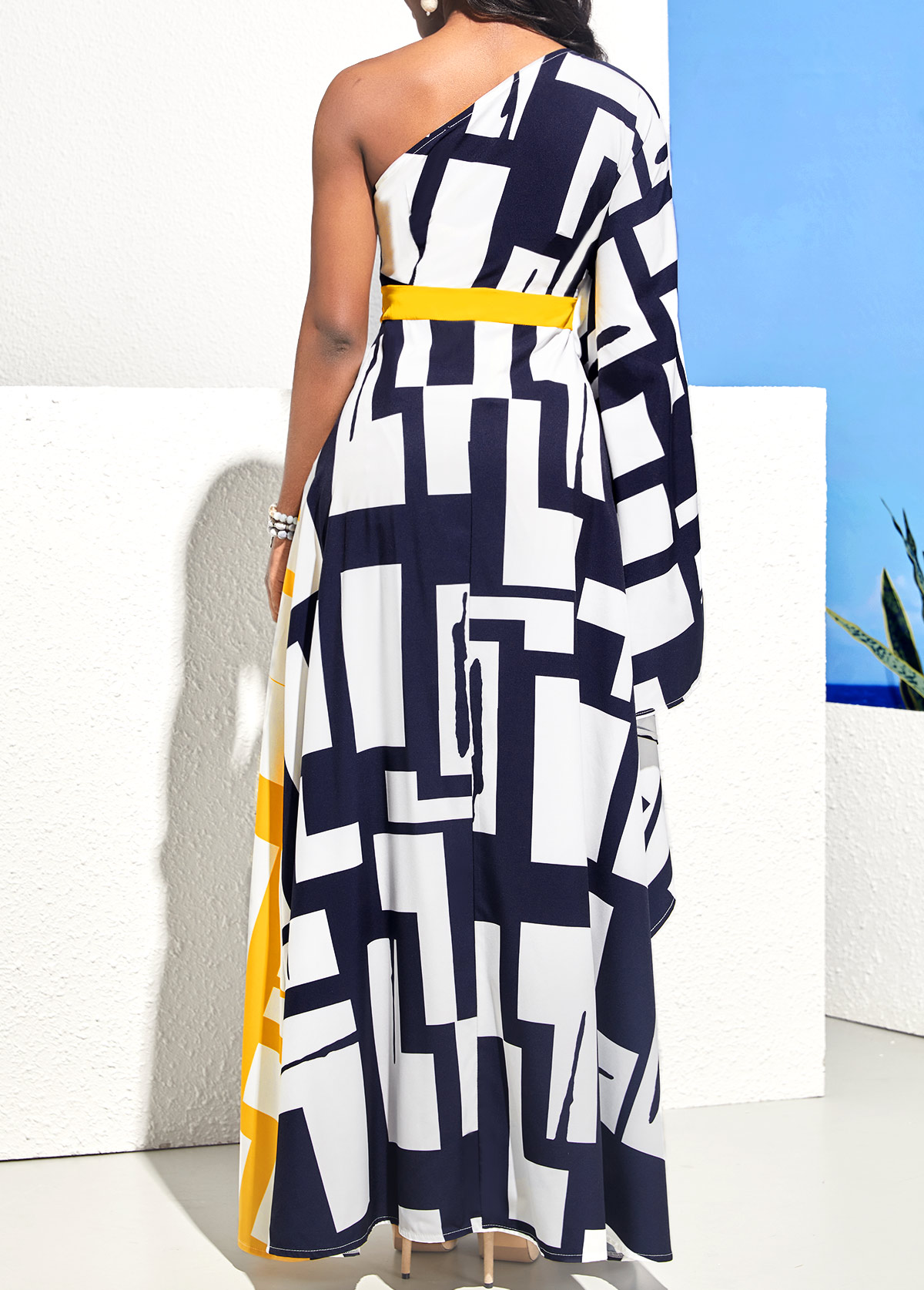 Geometric Print One Shoulder Navy Blue Maxi Dress
