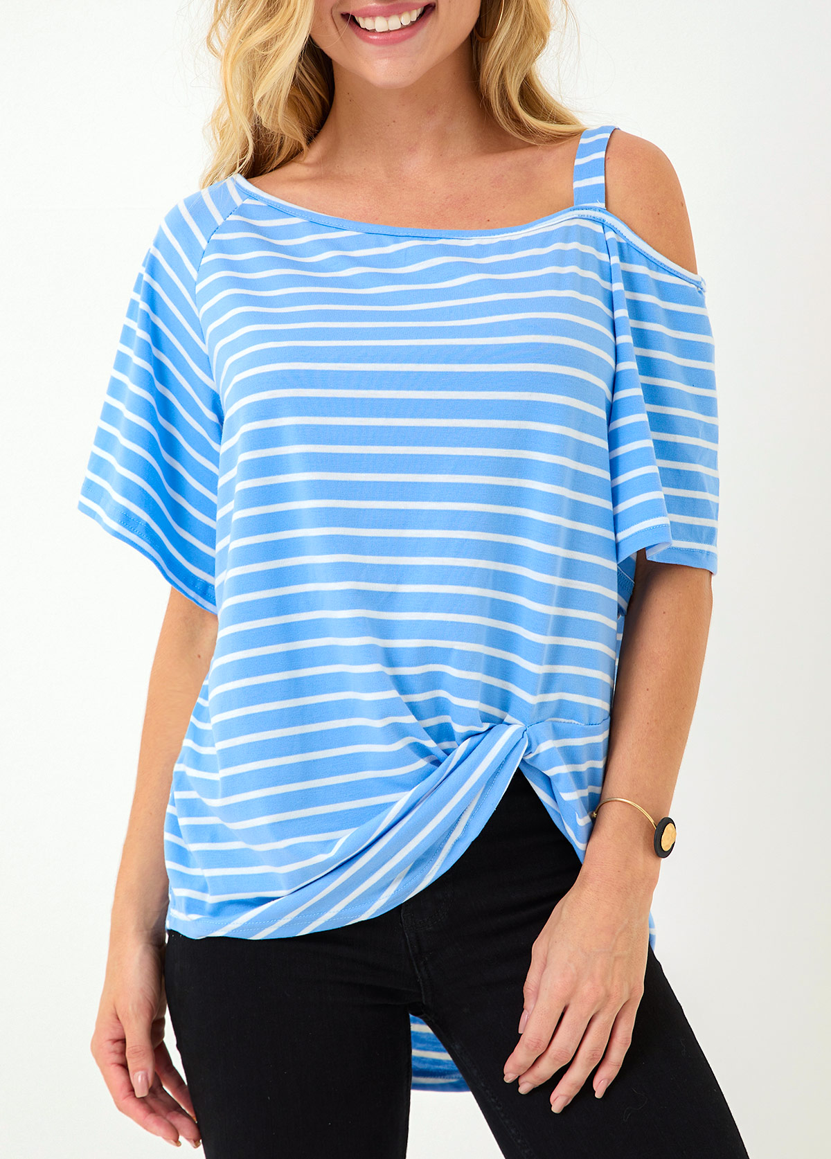 Striped Asymmetry Cold Shoulder Light Blue T Shirt