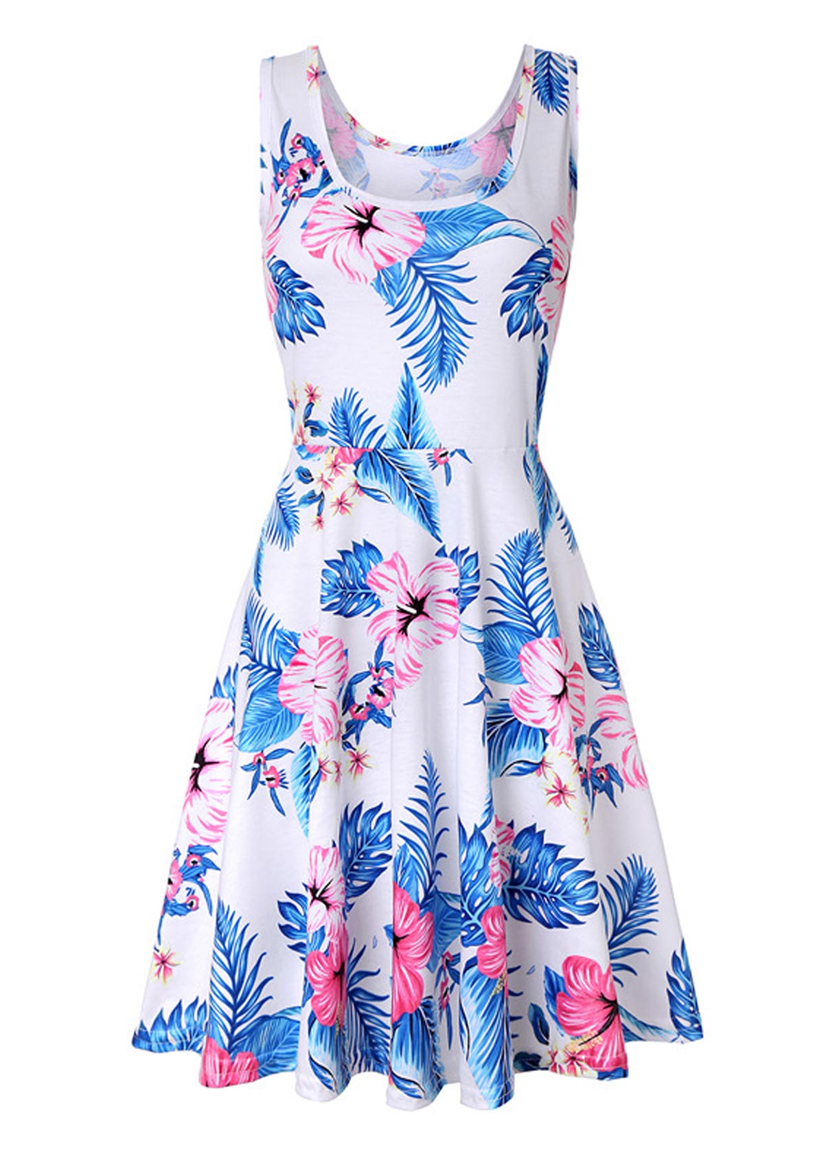 Floral and Leaf Print White Sleeveless Dress