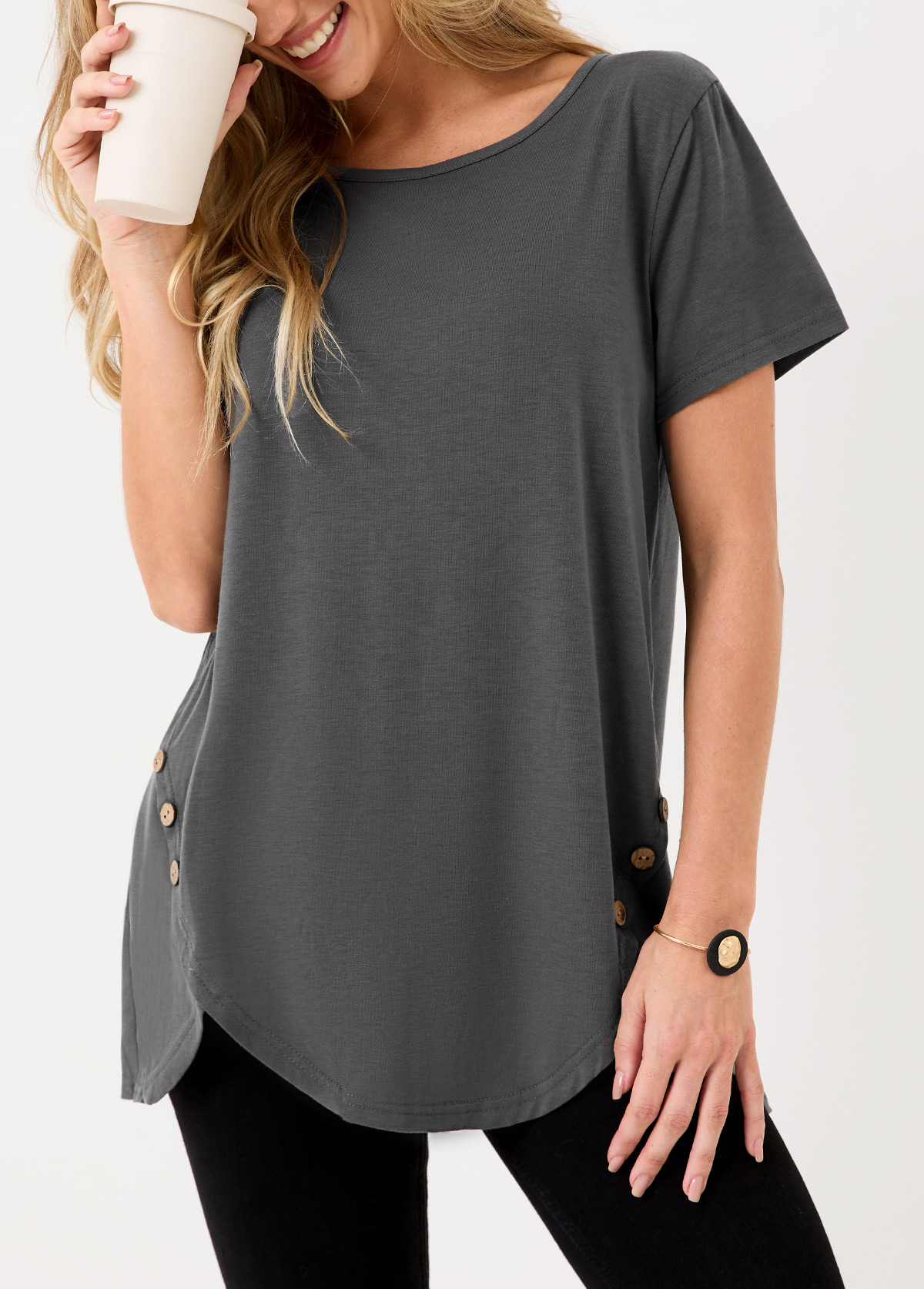 Asymmetric Hem Dark Grey Decorative Button T Shirt | picture 
