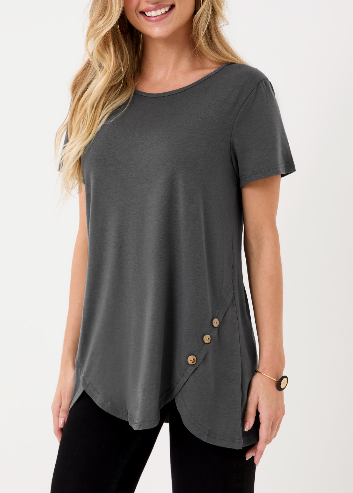 Asymmetric Hem Dark Grey Decorative Button T Shirt | picture 