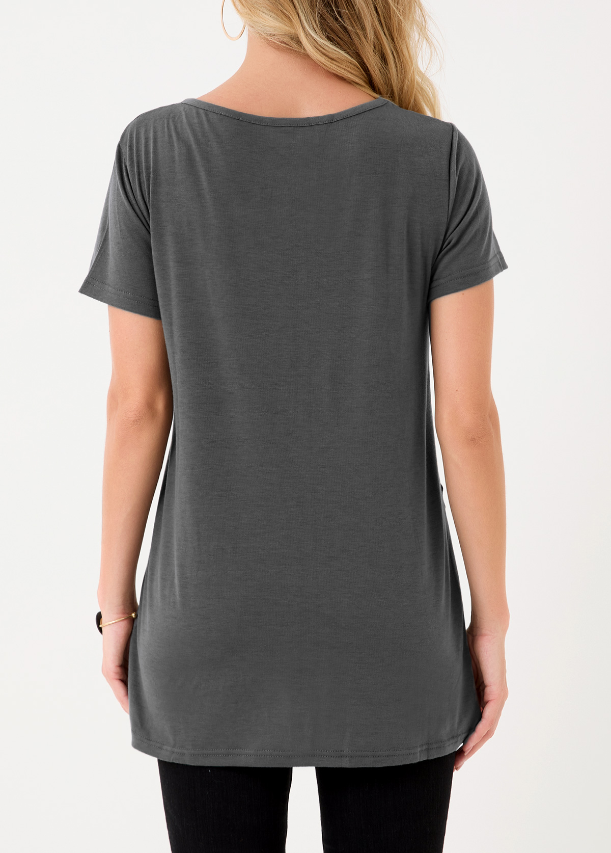 Asymmetric Hem Dark Grey Decorative Button T Shirt | picture 