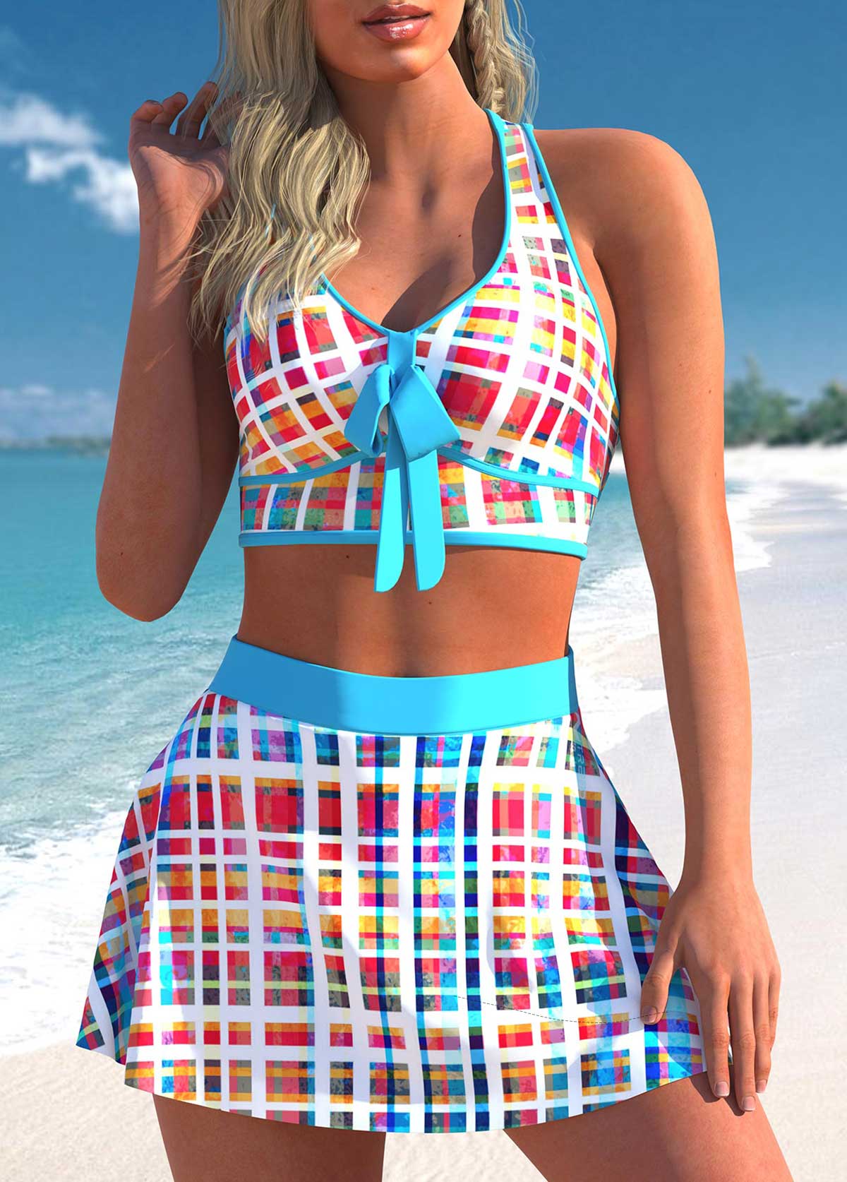 Multi Color High Waisted Plaid Bikini Set